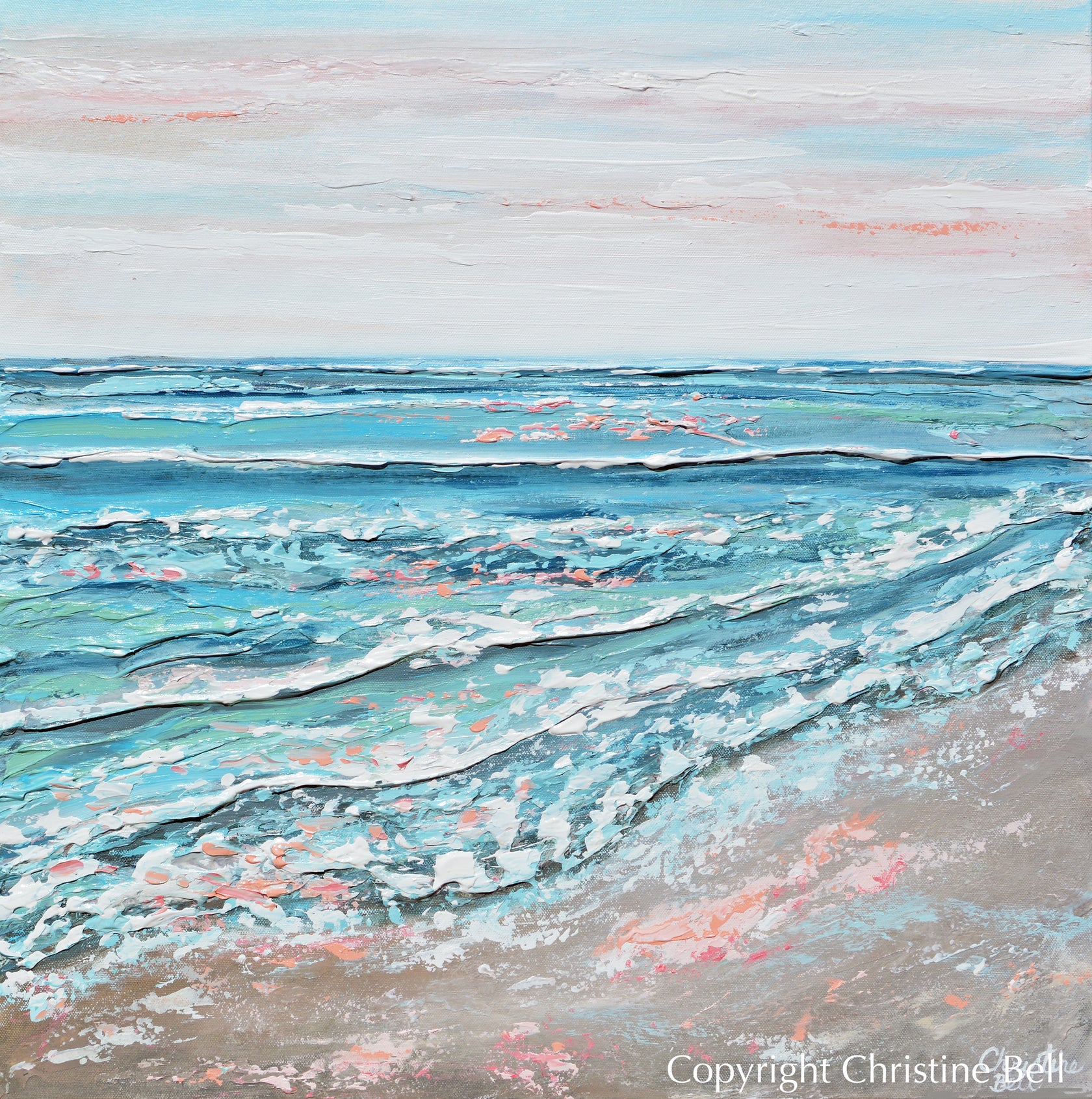 ORIGINAL Abstract Beach Painting Textured Seascape Coastal Blue White ...