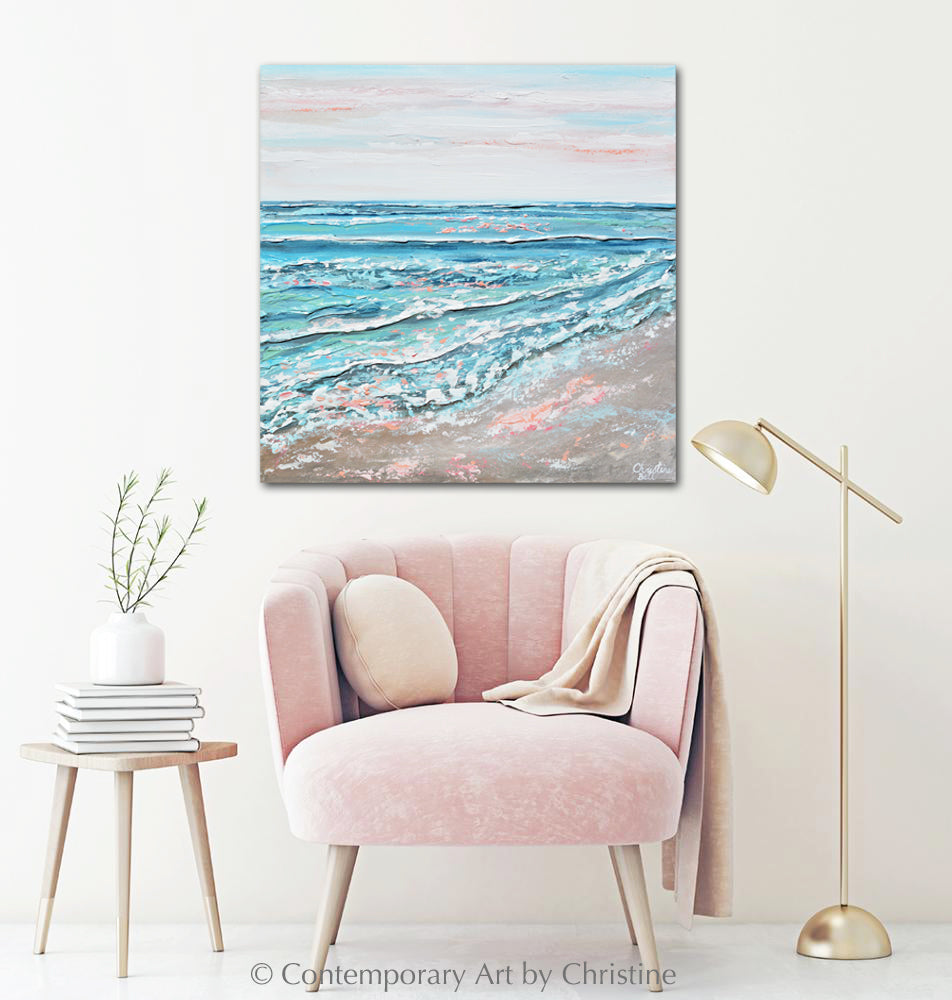 Load image into Gallery viewer, &amp;quot;Sea Dreams&amp;quot; ORIGINAL Art Coastal Abstract Painting Textured Ocean Waves Blue Pink Beach Sunset 24x24&amp;quot;
