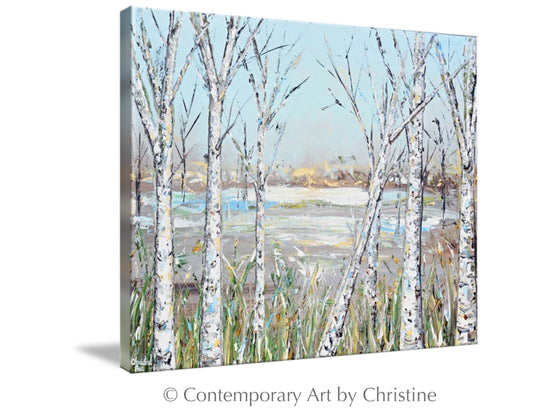 "Just Breathe" Giclee Print Art Abstract Landscape Painting Birch Trees Light Blue White