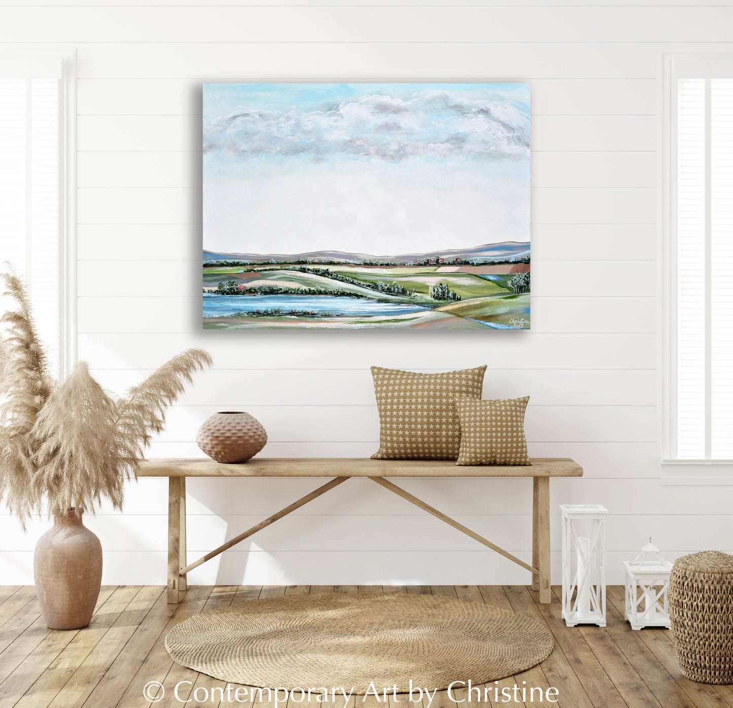 "Open Air" ORIGINAL Art Abstract Landscape Painting Expressionistic Blue Green Meadow Field Lake Palette Knife 40x30"
