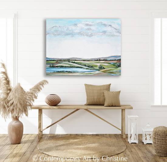 "Open Air" ORIGINAL Art Abstract Landscape Painting Expressionistic Blue Green Meadow Field Lake Palette Knife 40x30"