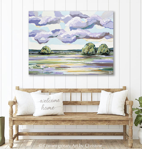 Load image into Gallery viewer, &amp;quot;Lilac Sky&amp;quot; ORIGINAL Art Abstract Landscape Painting Expressionistic Lavender Clouds Green Meadow Field Trees 40x30&amp;quot;
