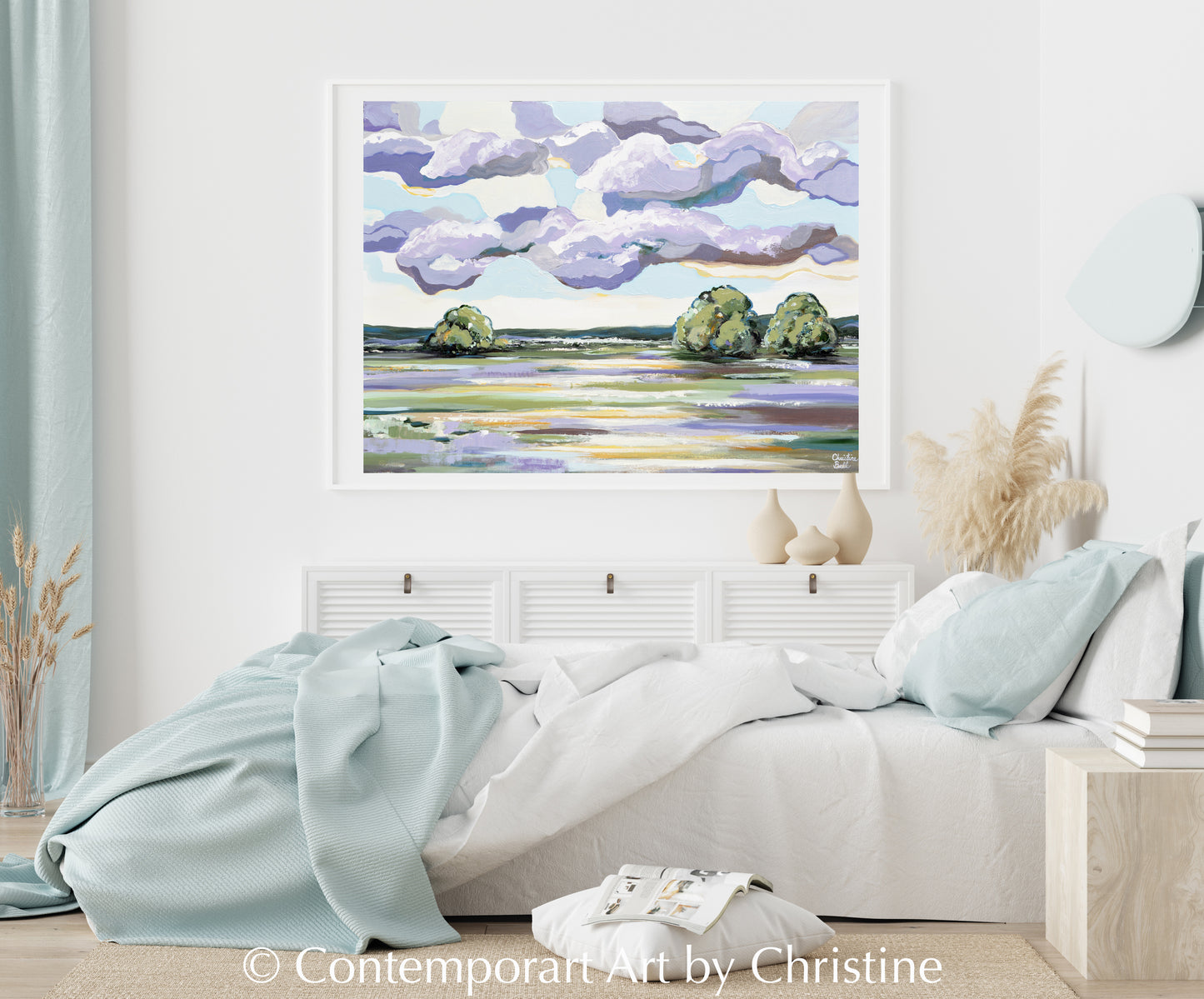 Load image into Gallery viewer, &amp;quot;Lilac Sky&amp;quot; ORIGINAL Art Abstract Landscape Painting Expressionistic Lavender Clouds Green Meadow Field Trees 40x30&amp;quot;
