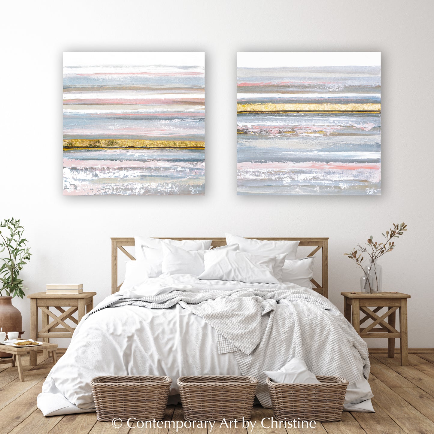 "Rose Gold II" ORIGINAL Art Abstract Painting Textured Neutral White Pink Gold Leaf Coastal Landscape Seascape 24x24"