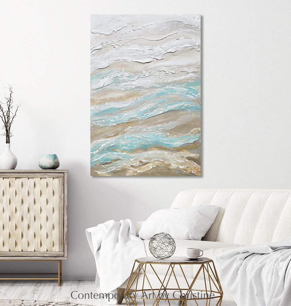 "Sea Salt" ORIGINAL Art Textured Neutral Abstract Painting Coastal Sand White Aqua Beige 24x36"