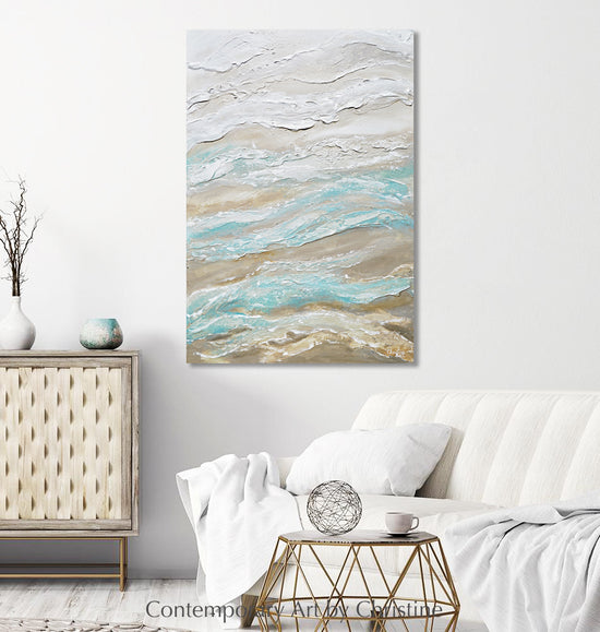 Load image into Gallery viewer, &amp;quot;Sea Salt&amp;quot; ORIGINAL Art Textured Neutral Abstract Painting Coastal Sand White Aqua Beige 24x36&amp;quot;
