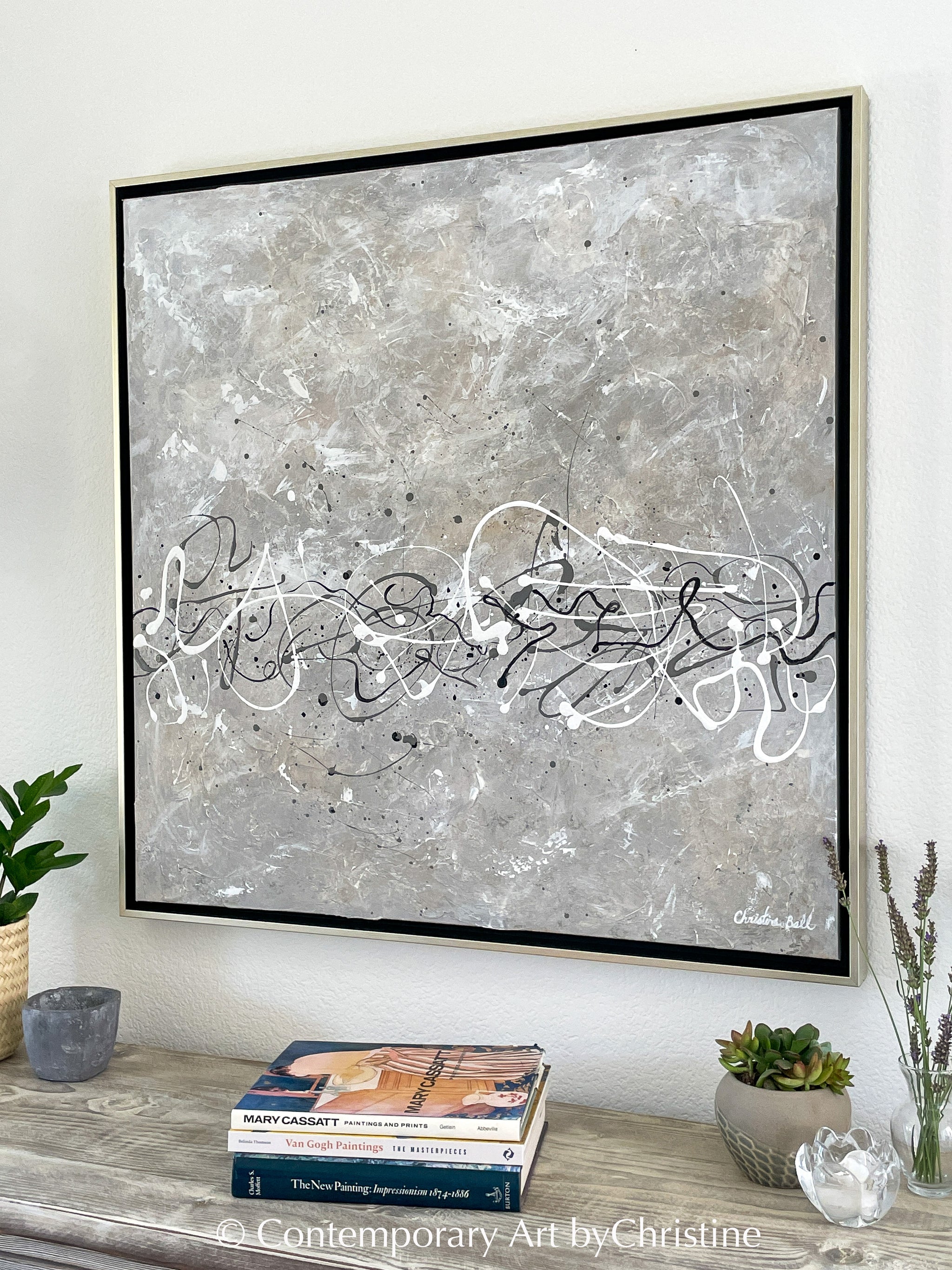 ORIGINAL Abstract Painting Textured Neutral Grey White Square Framed ...