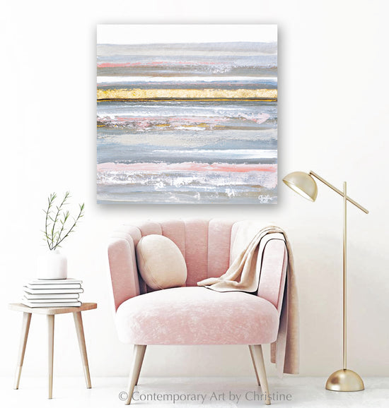 "Rose Gold II" ORIGINAL Art Abstract Painting Textured Neutral White Pink Gold Leaf Coastal Landscape Seascape 24x24"