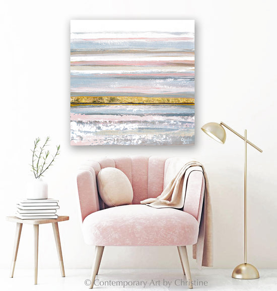"Rose Gold I" ORIGINAL Art Abstract Painting Textured Neutral White Pink Grey Gold Leaf Coastal Seascape 24x24"