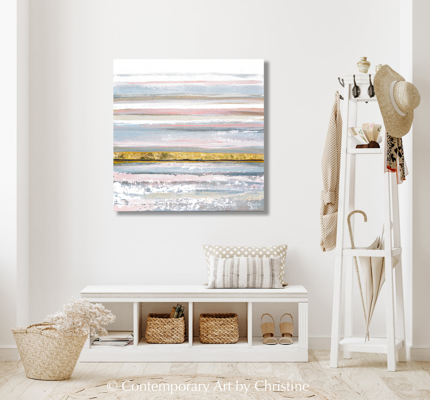 Load image into Gallery viewer, &amp;quot;Rose Gold I&amp;quot; ORIGINAL Art Abstract Painting Textured Neutral White Pink Grey Gold Leaf Coastal Seascape 24x24&amp;quot;
