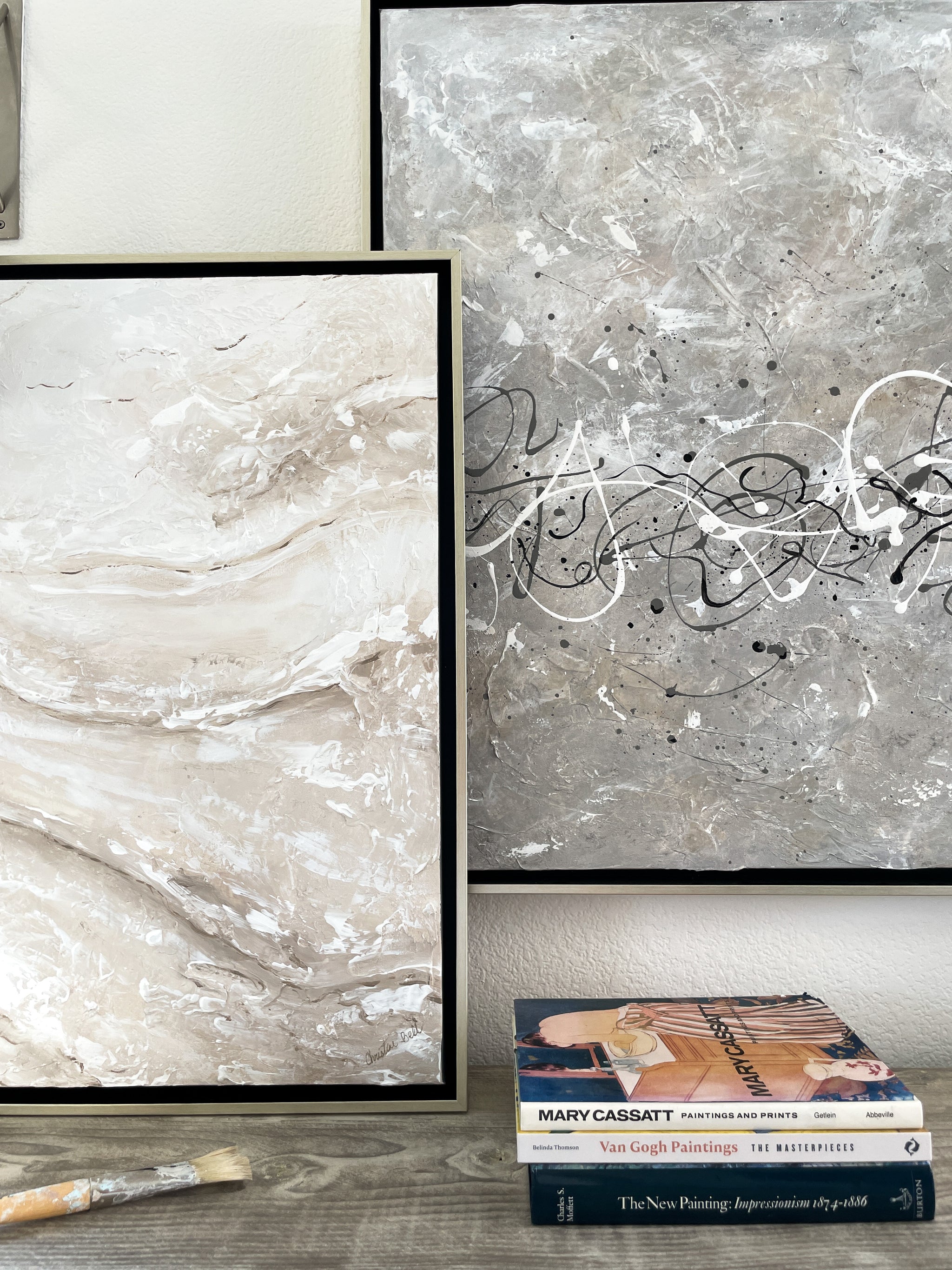 ORIGINAL Abstract Painting Textured Neutral Grey White Square Framed ...