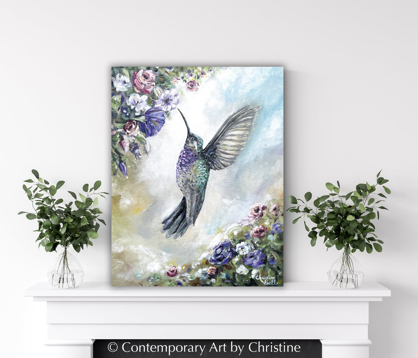 "Graceful Elegance" ORIGINAL PAINTING, Hummingbird Flowers Floral, Framed Modern Impressionism Oil Painting