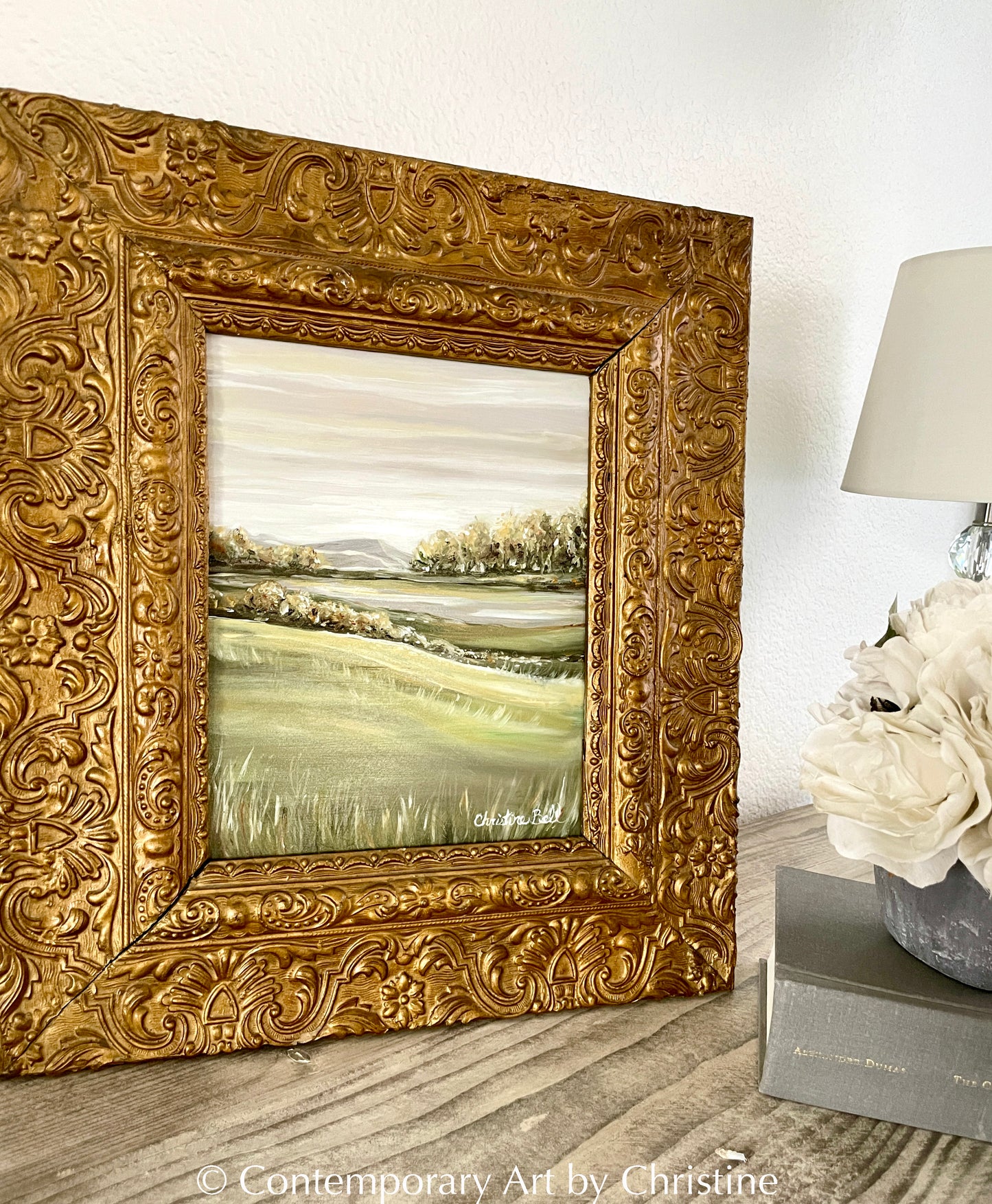 "The Meadow's Song" FRAMED ORIGINAL Landscape Painting, Carved Gold ANTIQUE Frame