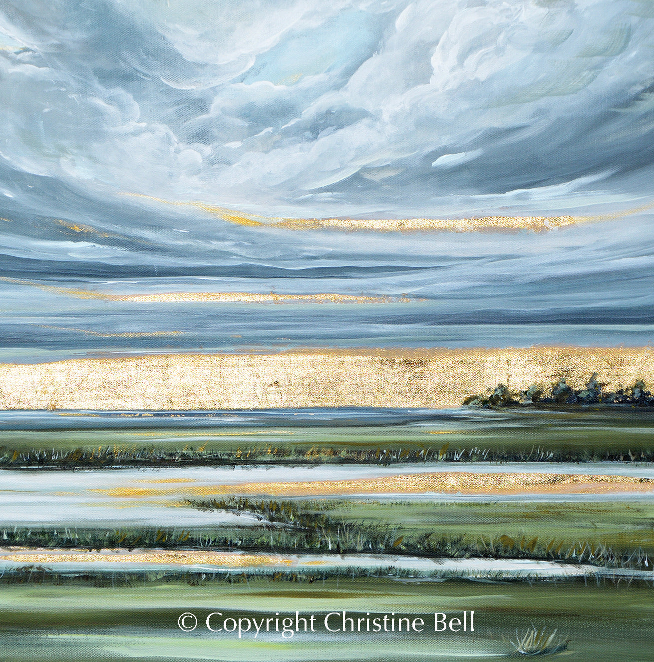 ORIGINAL Abstract Landscape Painting Gold Leaf Coastal Wall Art Decor