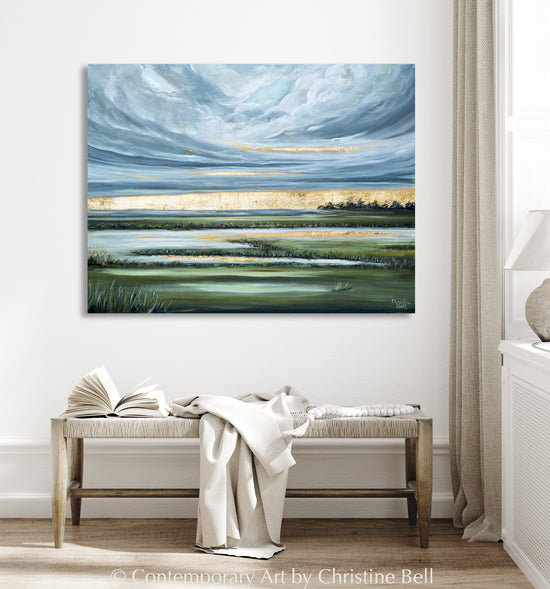 Load image into Gallery viewer, &amp;quot;There&amp;#39;s Light on the Horizon&amp;quot; ORIGINAL PAINTING, Modern Impressionist Landscape / Seascape with Gold Leaf
