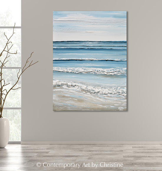 "I'll Be at the Sea" ORIGINAL Art Coastal Abstract Painting Textured Seascape Ocean Beach Light Blue White 30x40"