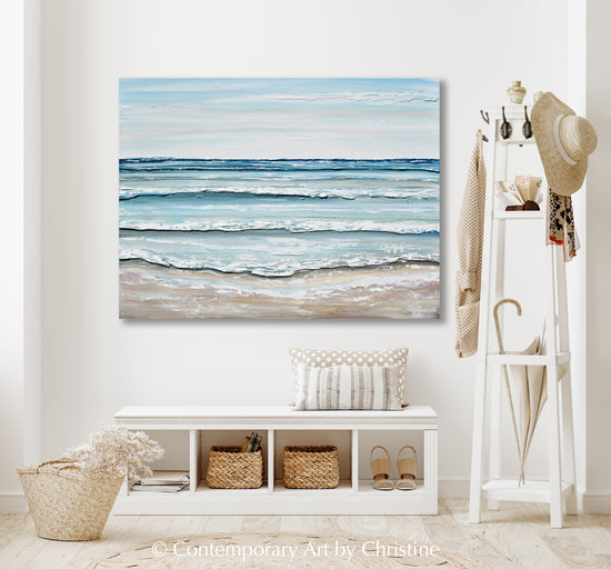 "Crystal Coast" ORIGINAL Art Coastal Abstract Painting Textured Ocean Waves Beach Light Aqua Blue White 40x30"