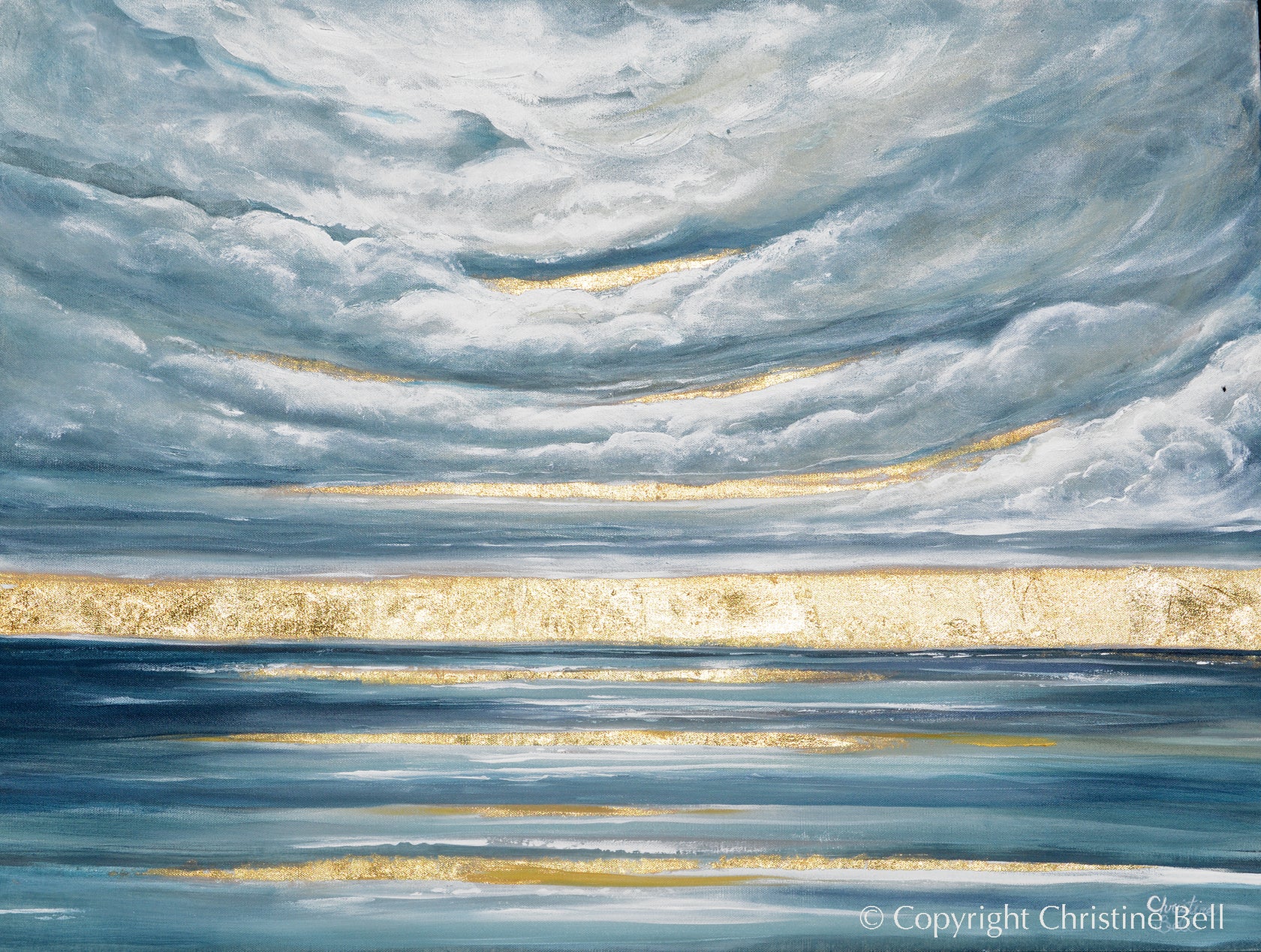 ORIGINAL Abstract Ocean Painting Gold Leaf Seascape Coastal Wall Decor ...