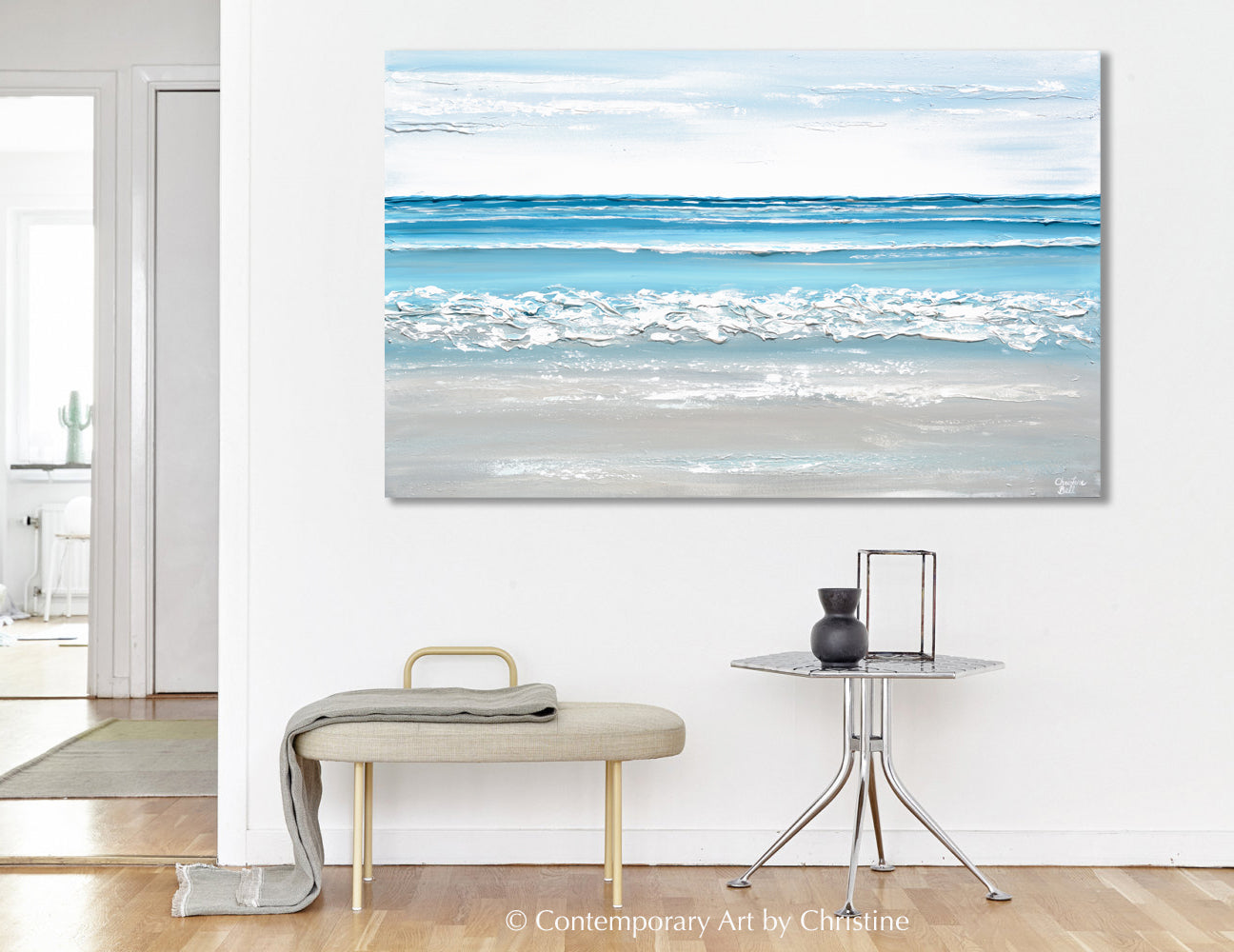 Load image into Gallery viewer, &amp;quot;Caribbean Breeze&amp;quot; ORIGINAL Art Textured Coastal Abstract Seascape Painting Light Aqua Blue White Taupe Coastal Seascape Minimalist Wall Art 48x30&amp;quot;

