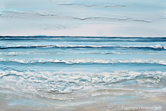 "Seaside Days" ORIGINAL Art Coastal Abstract Painting Textured Seascape Beach Light Aqua Blue White 36x24"