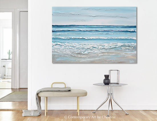 "Seaside Days" ORIGINAL Art Coastal Abstract Painting Textured Seascape Beach Light Aqua Blue White 36x24"