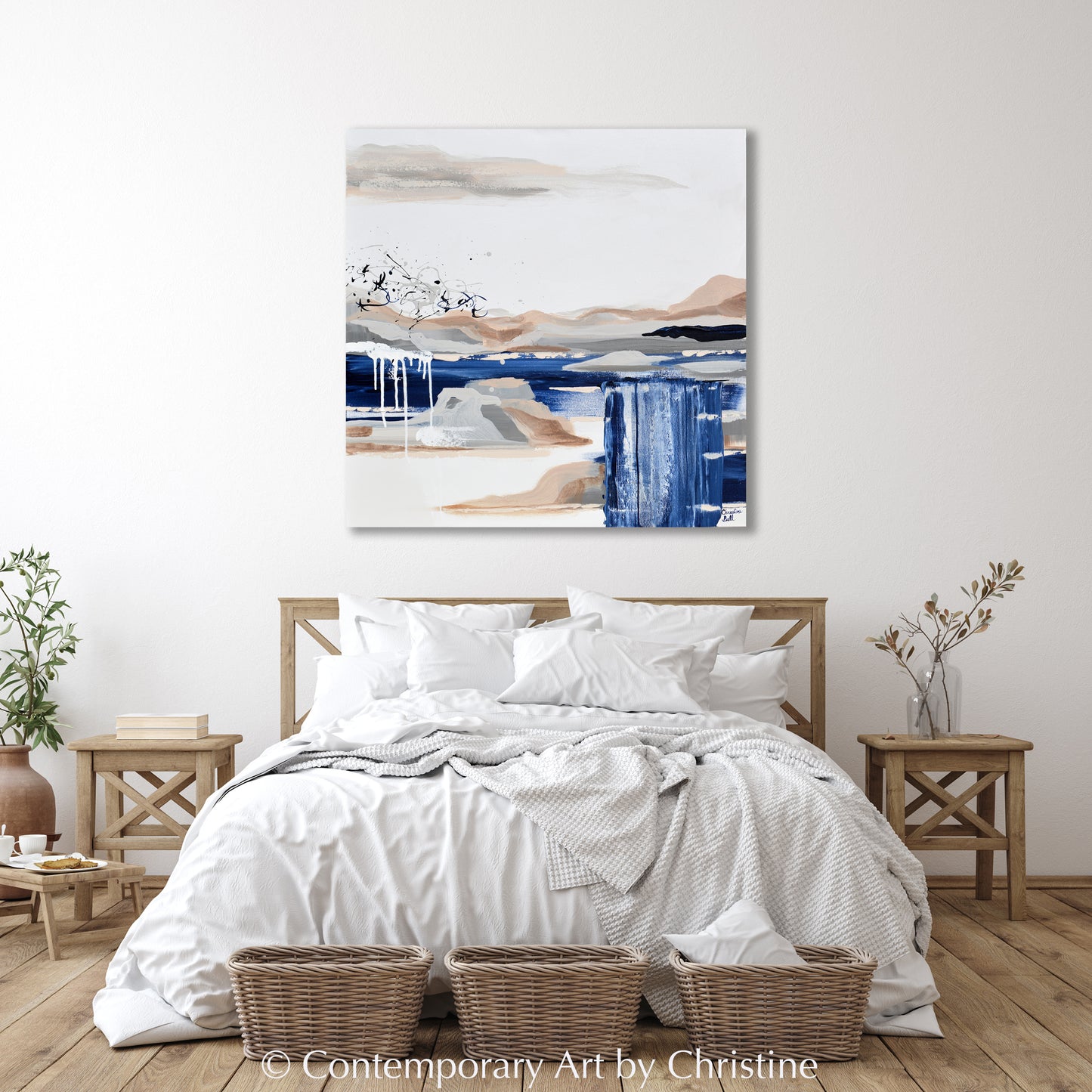 Load image into Gallery viewer, &amp;quot;Desert Oasis&amp;quot; ORIGINAL Art Abstract Painting Navy Blue White Beige Grey Expressionist Landscape Wall Art 30x30&amp;quot;
