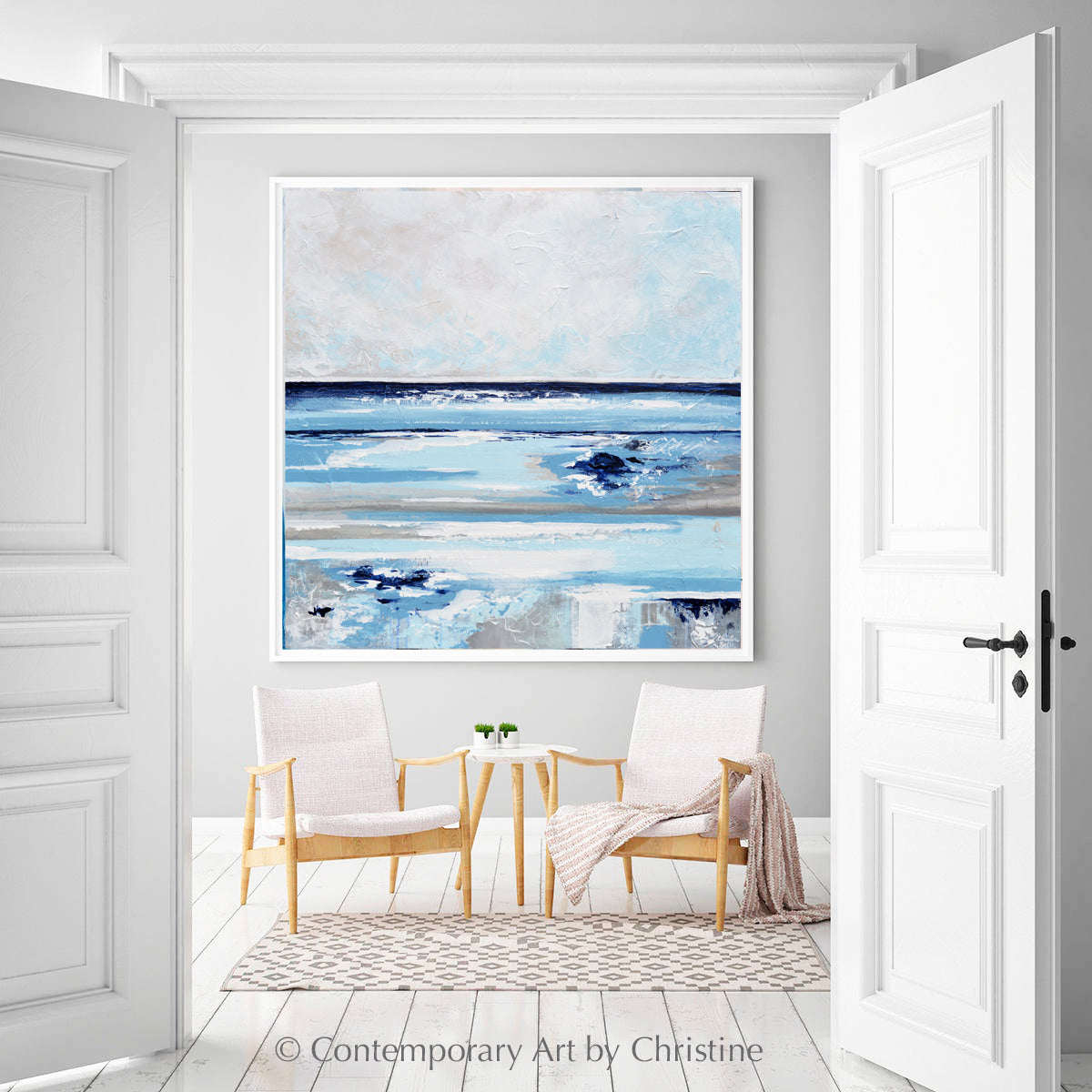 Load image into Gallery viewer, &amp;quot;Exhale&amp;quot; GICLEE PRINT Abstract Painting Navy Light Blue White Beige Grey Coastal Seascape Canvas Wall Art

