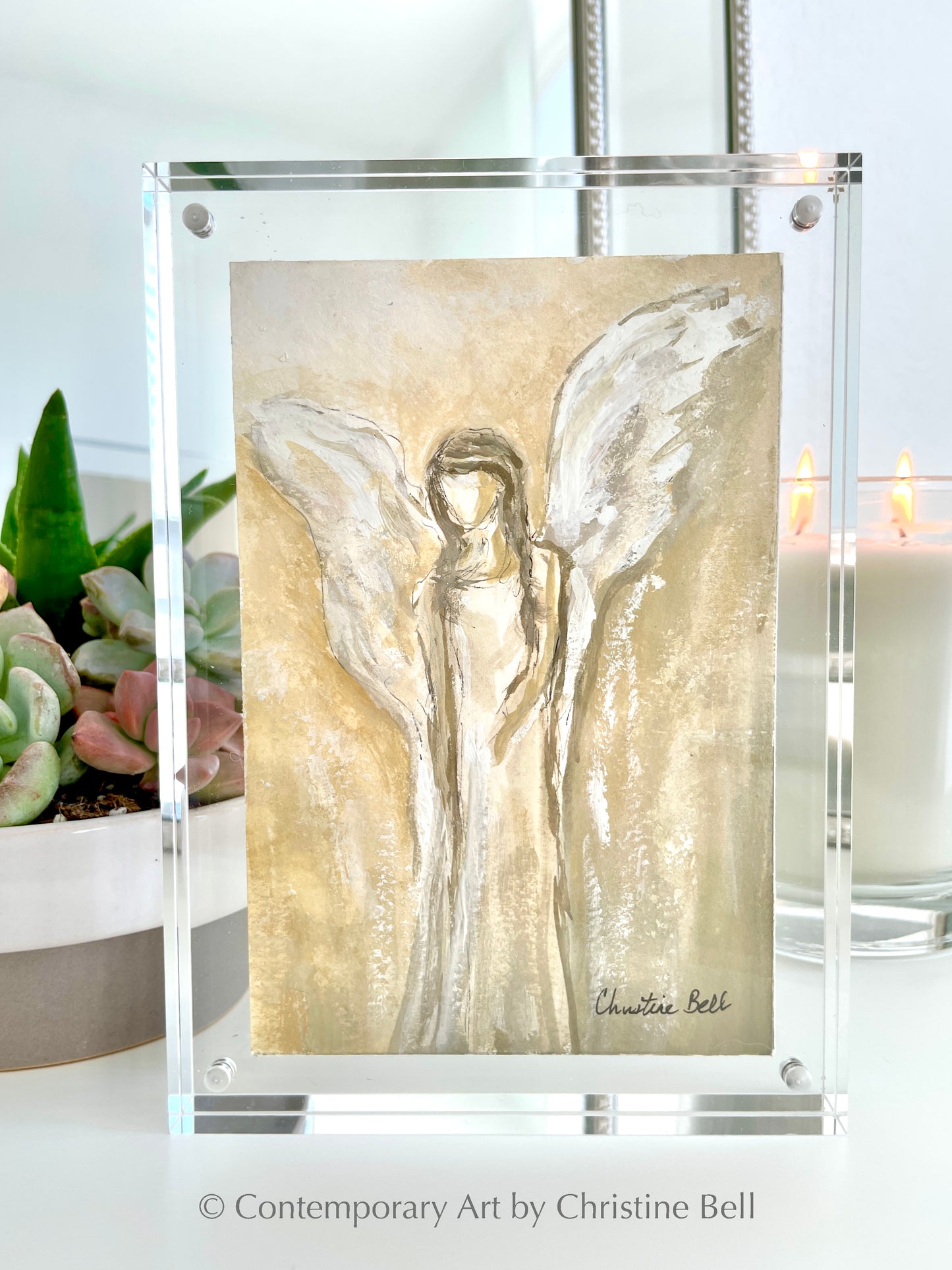 Load image into Gallery viewer, &amp;quot;Bringing Love&amp;quot; ORIGINAL ANGEL PAINTING in Acrylic Block Frame
