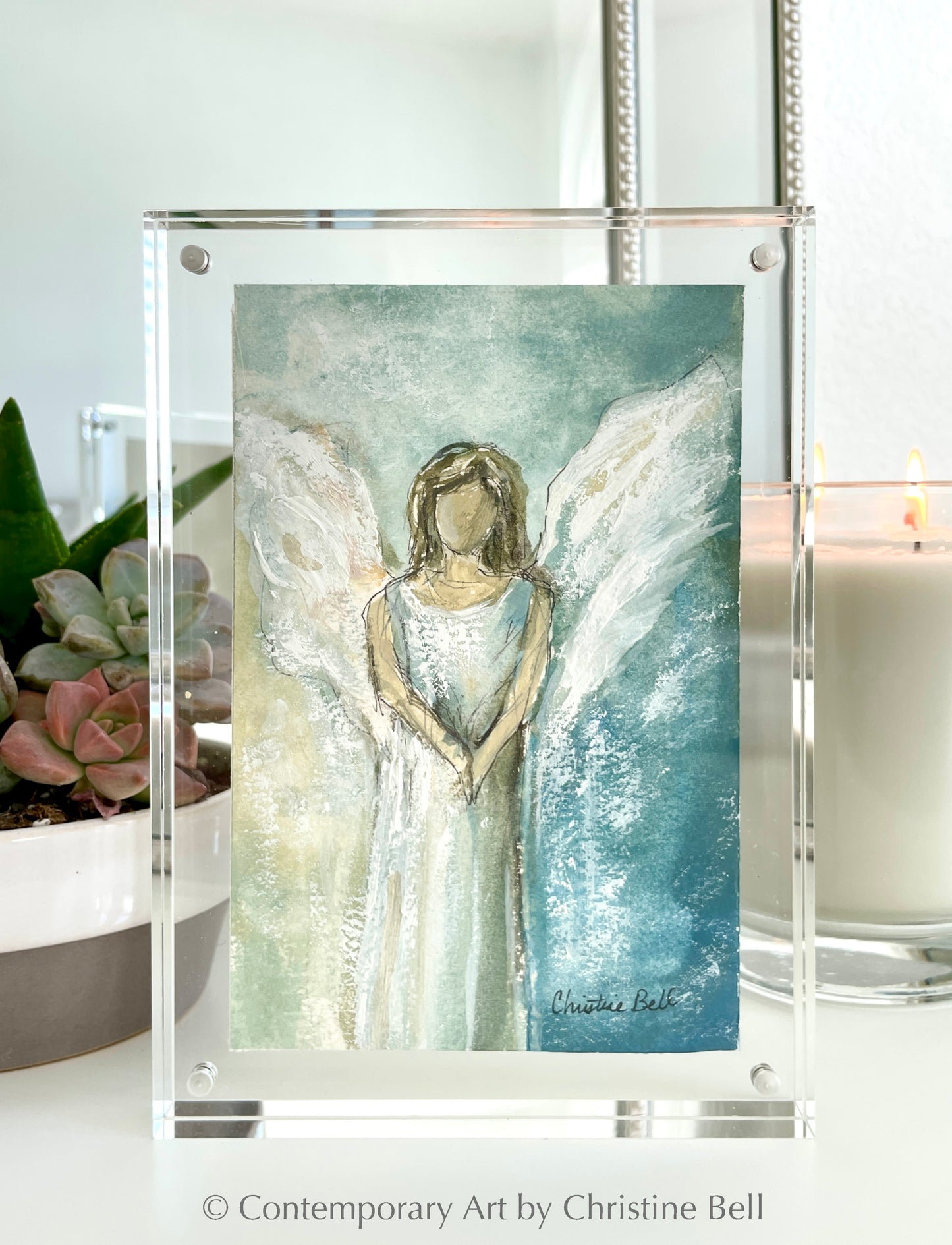 "Your Strength from Within" ORIGINAL ANGEL PAINTING in Acrylic Block Frame