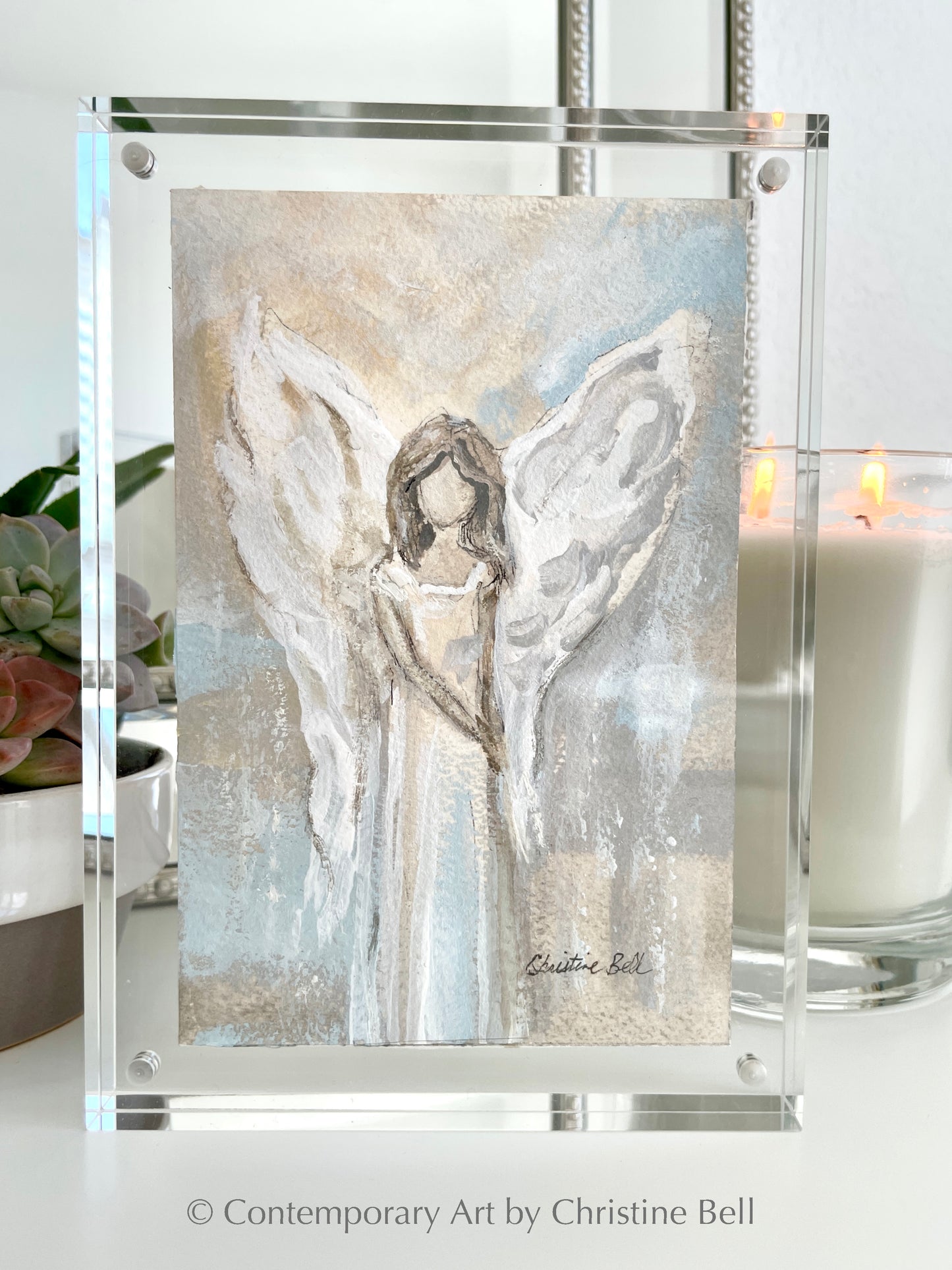 "Sharing Peace" ORIGINAL ANGEL PAINTING in Acrylic Block Frame