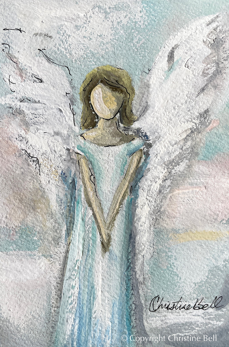 ORIGINAL Angel Painting Acrylic Block Frame Light Blue Art Home Decor
