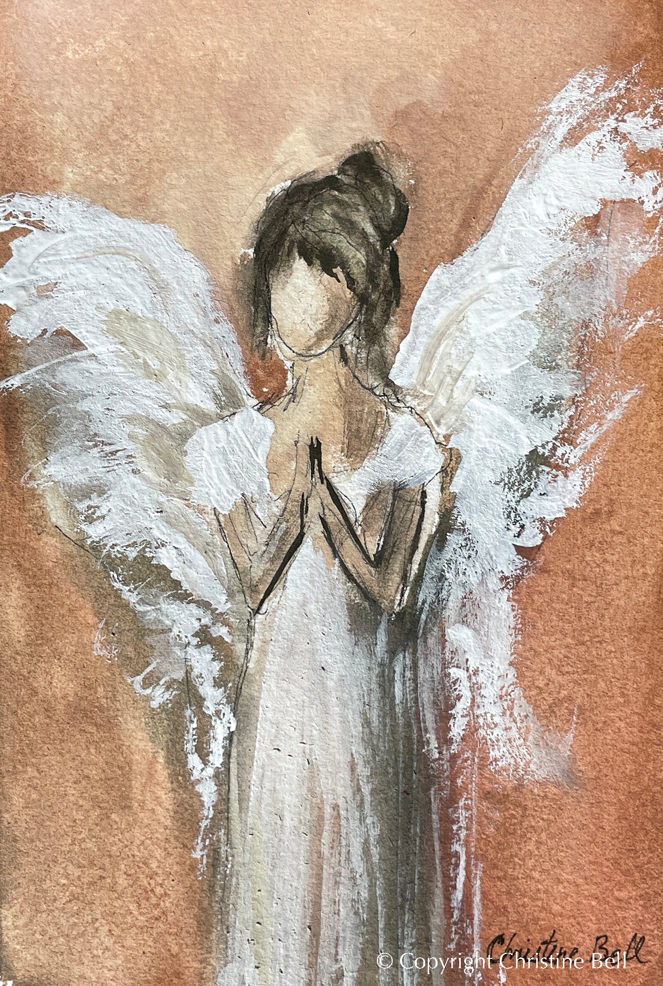 ORIGINAL Angel Painting Gold Guardian Angel Vintage Paper Framed Decor –  Contemporary Art by Christine