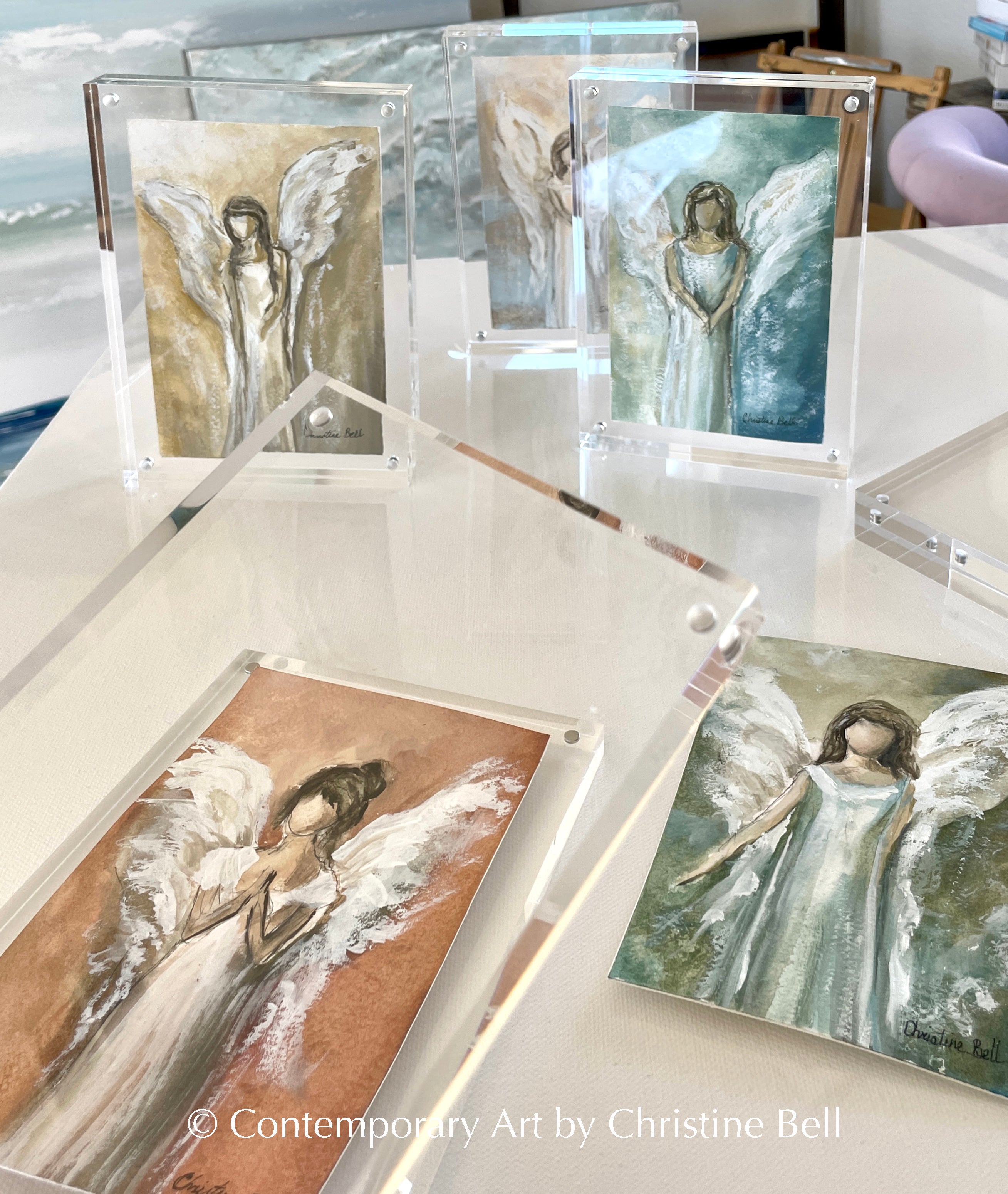ORIGINAL Angel Painting Spiritual Fine Art Clear Block Frame Gift Home ...