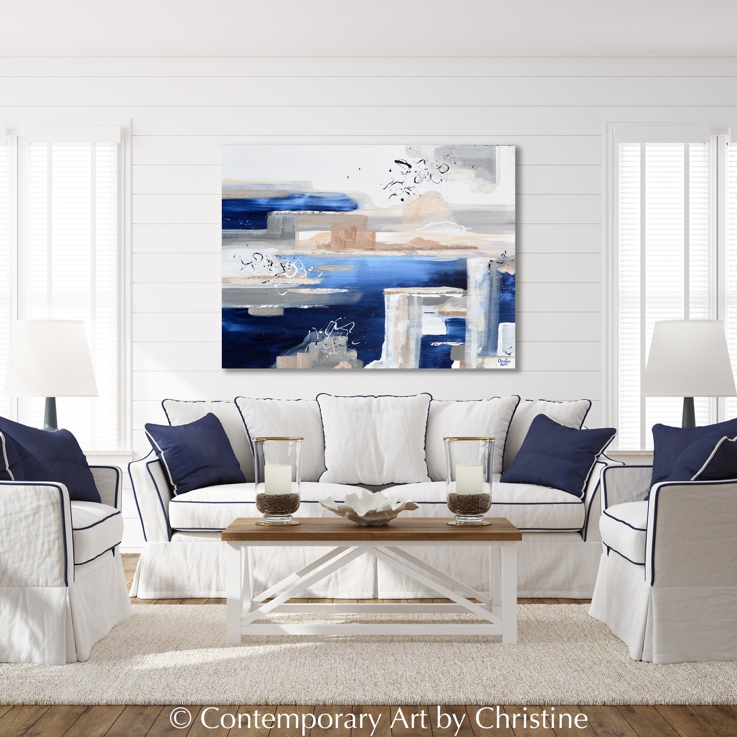 "Morning's Melody" ORIGINAL Art Abstract Painting Navy Blue White Beige Grey Expressionist Coastal Wall Art XL 48x36"