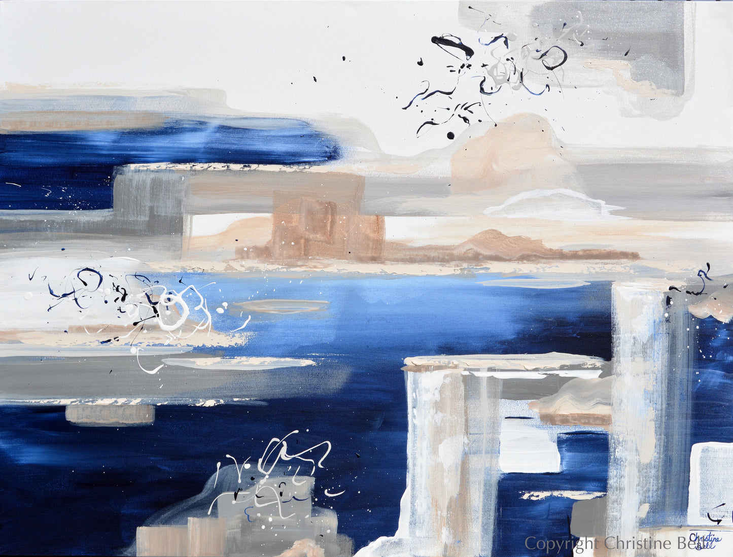 "Morning's Melody" GICLEE PRINT Art Abstract Painting Navy Blue White Beige Grey Expressionist Coastal Wall Art