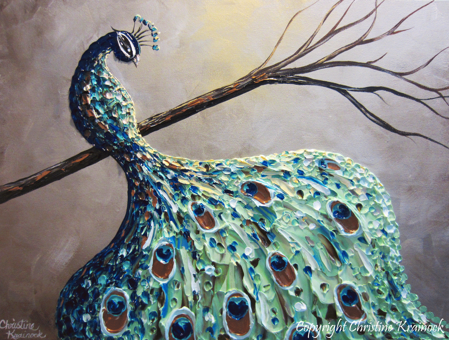 GICLEE PRINT Art Abstract Peacock Painting Modern Canvas Prints Blue Green Grey Brown Gold Bird - Christine Krainock Art - Contemporary Art by Christine - 3