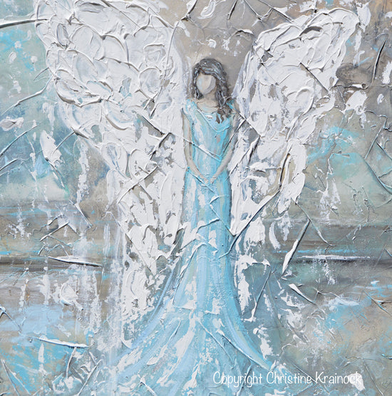 Load image into Gallery viewer, ORIGINAL Abstract Angel Painting Textured Guardian Angel White Blue Grey Taupe Home Decor Wall Art 24x36&amp;quot;
