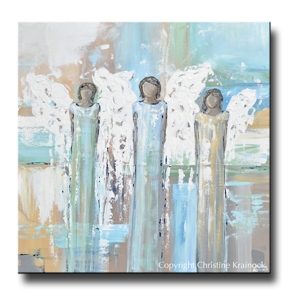 ORIGINAL Abstract Angel Painting 3 Angels White Blue Green Gold Grey Home Wall Decor 36x36"