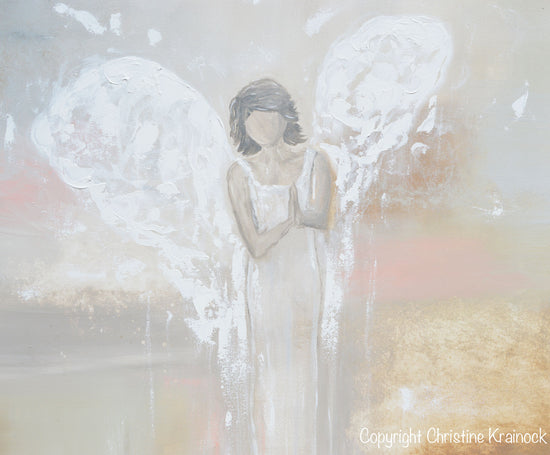 Load image into Gallery viewer, ORIGINAL Abstract Angel Painting Praying Guardian Angel Spiritual Fine Art Beige Grey Ivory Pink Home Wall Art X-Large 36x36&amp;quot;
