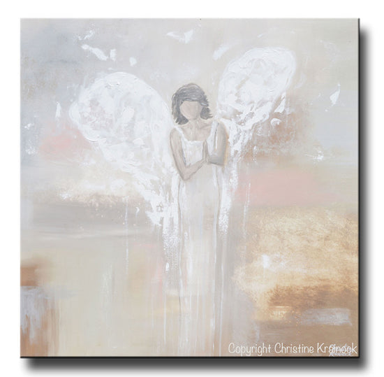 GICLEE PRINT Abstract Angel Painting Praying Guardian Angel Spiritual Fine Art Beige Grey Ivory Pink Home Wall Art Canvas