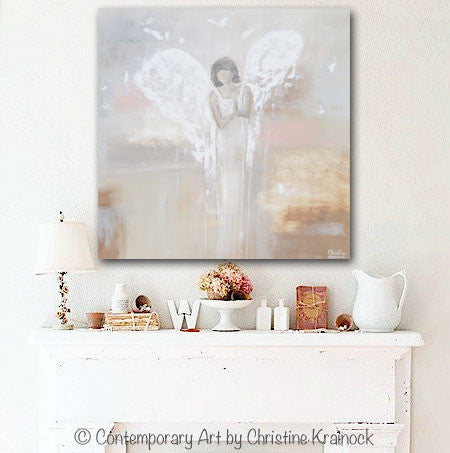 GICLEE PRINT Abstract Angel Painting Praying Guardian Angel Spiritual Fine Art Beige Grey Ivory Pink Home Wall Art Canvas