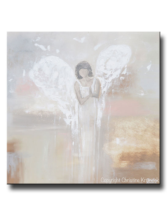 Load image into Gallery viewer, ORIGINAL Abstract Angel Painting Praying Guardian Angel Spiritual Fine Art Beige Grey Ivory Pink Home Wall Art X-Large 36x36&amp;quot;
