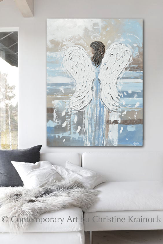 ORIGINAL Abstract Angel Painting Spiritual Art Textured Wings of Grace Blue Grey Home Wall Decor XL 36x48"
