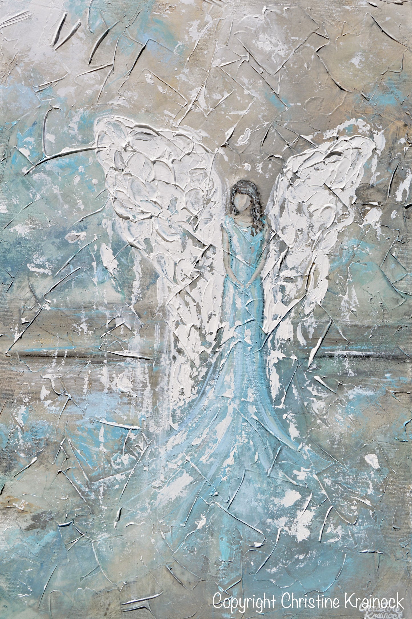 ORIGINAL Abstract Angel Painting Textured Guardian Angel White Blue Grey Taupe Home Decor Wall Art 24x36"