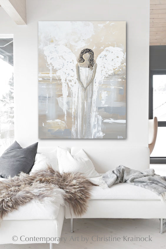 ORIGINAL Abstract Angel Painting Fine Art Guardian Angel White Grey Cream Neutral Home Wall Decor XL 36x48"