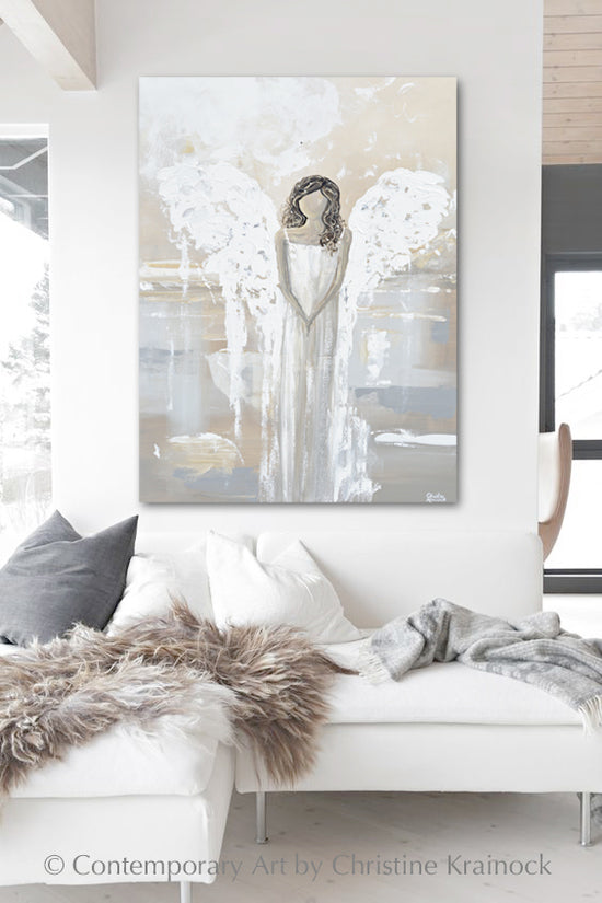 Load image into Gallery viewer, ORIGINAL Abstract Angel Painting Fine Art Guardian Angel White Grey Cream Neutral Home Wall Decor XL 36x48&amp;quot;
