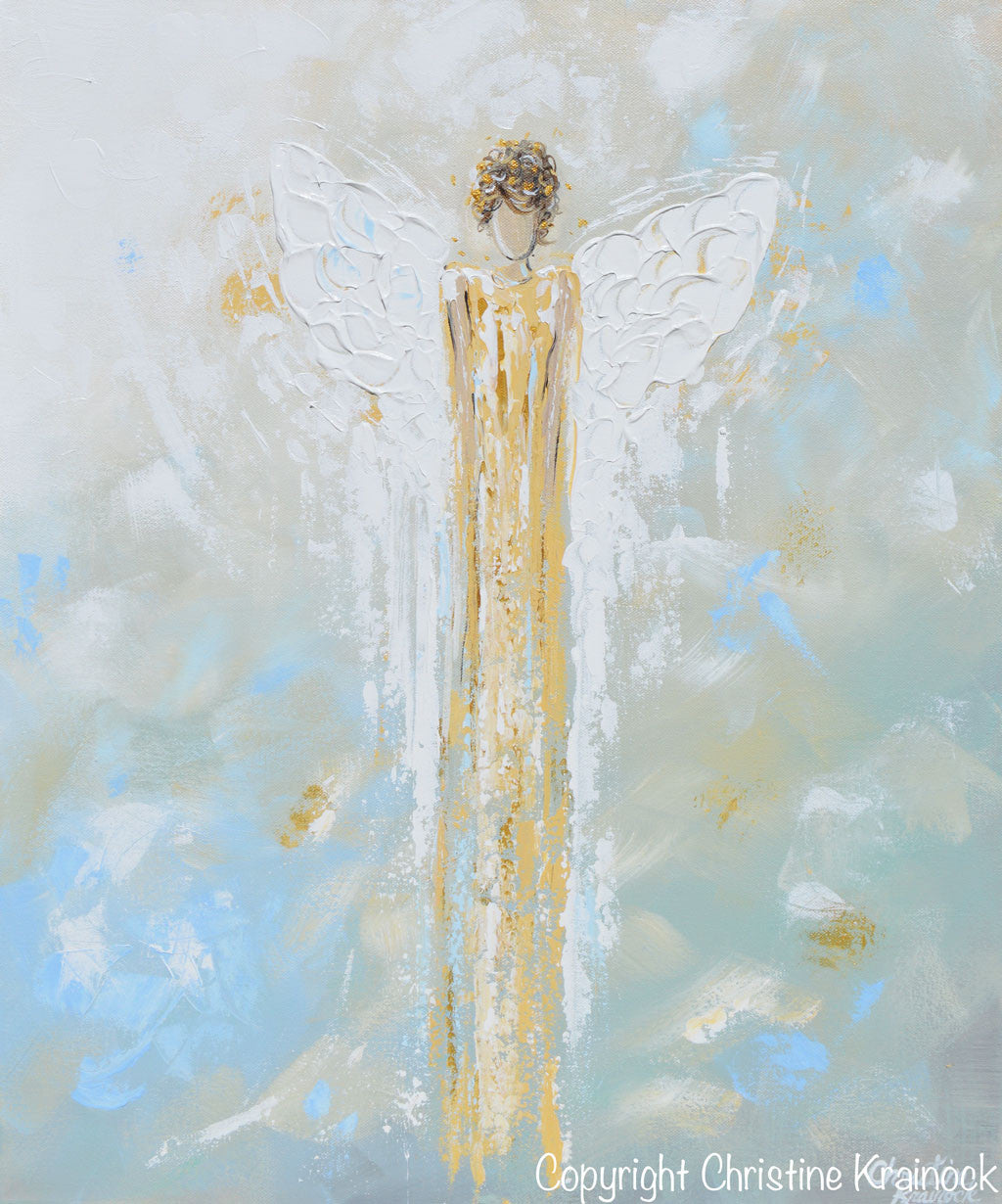 ORIGINAL Abstract Angel Painting Gold White Guardian Angel Textured Palette Knife Blue Green Home Wall Art 24" - Christine Krainock Art - Contemporary Art by Christine - 3