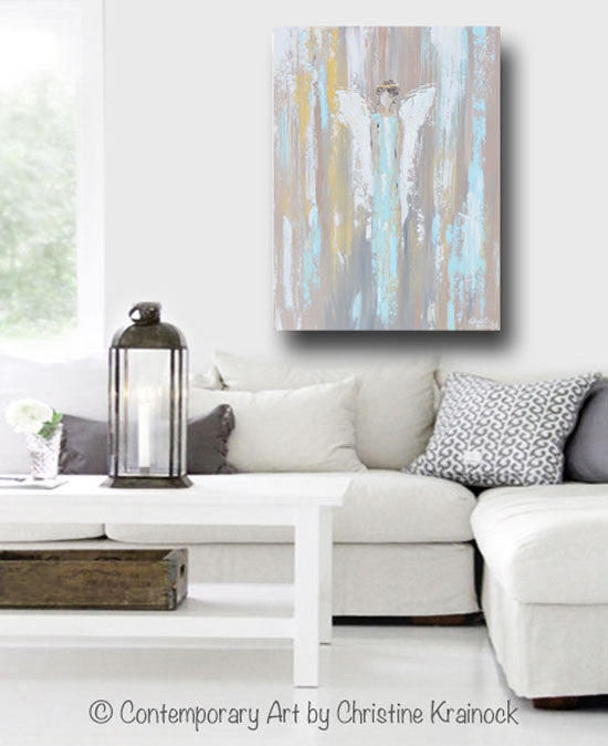 Load image into Gallery viewer, ORIGINAL Abstract Angel Painting Guardian Angel Inspirational Art Blue Green White Textured Modern Wall Decor 24&amp;quot; - Christine Krainock Art - Contemporary Art by Christine - 4
