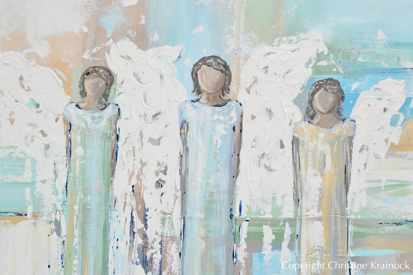 ORIGINAL Abstract Angel Painting 3 Angels White Blue Green Gold Grey Home Wall Decor 36x36"