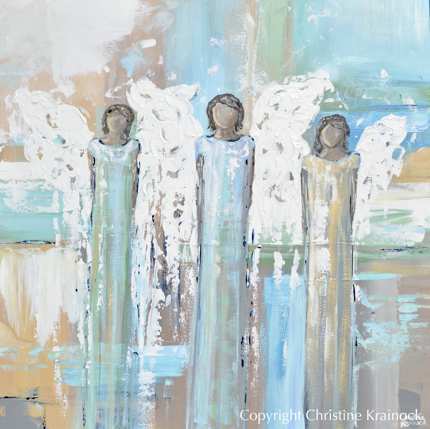 Abstract Eangels ORIGINAL Abstract Angel Painting 3 Angels Blue Grey Canvas Wall Decor ...